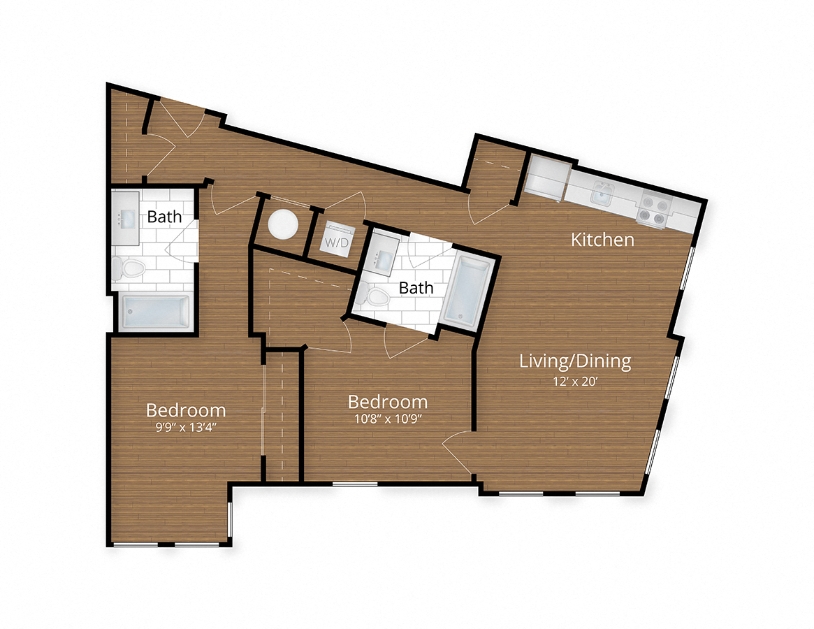 Floor plan for 2 beds, 2 baths, 834 sqft